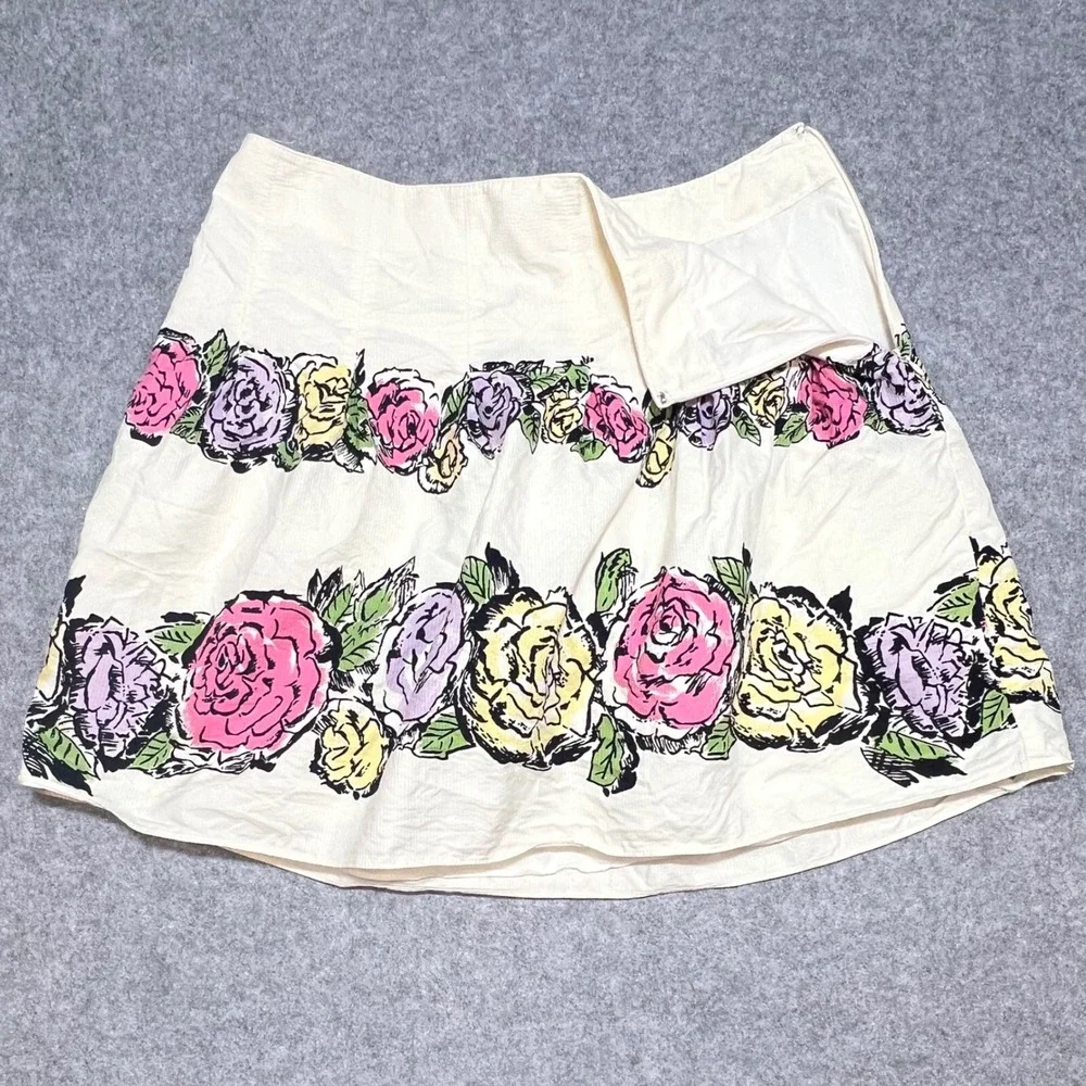 Ann Taylor LOFT Womens Floral Rose Print Cotton Mini Skirt Cream Pink Yellow 10